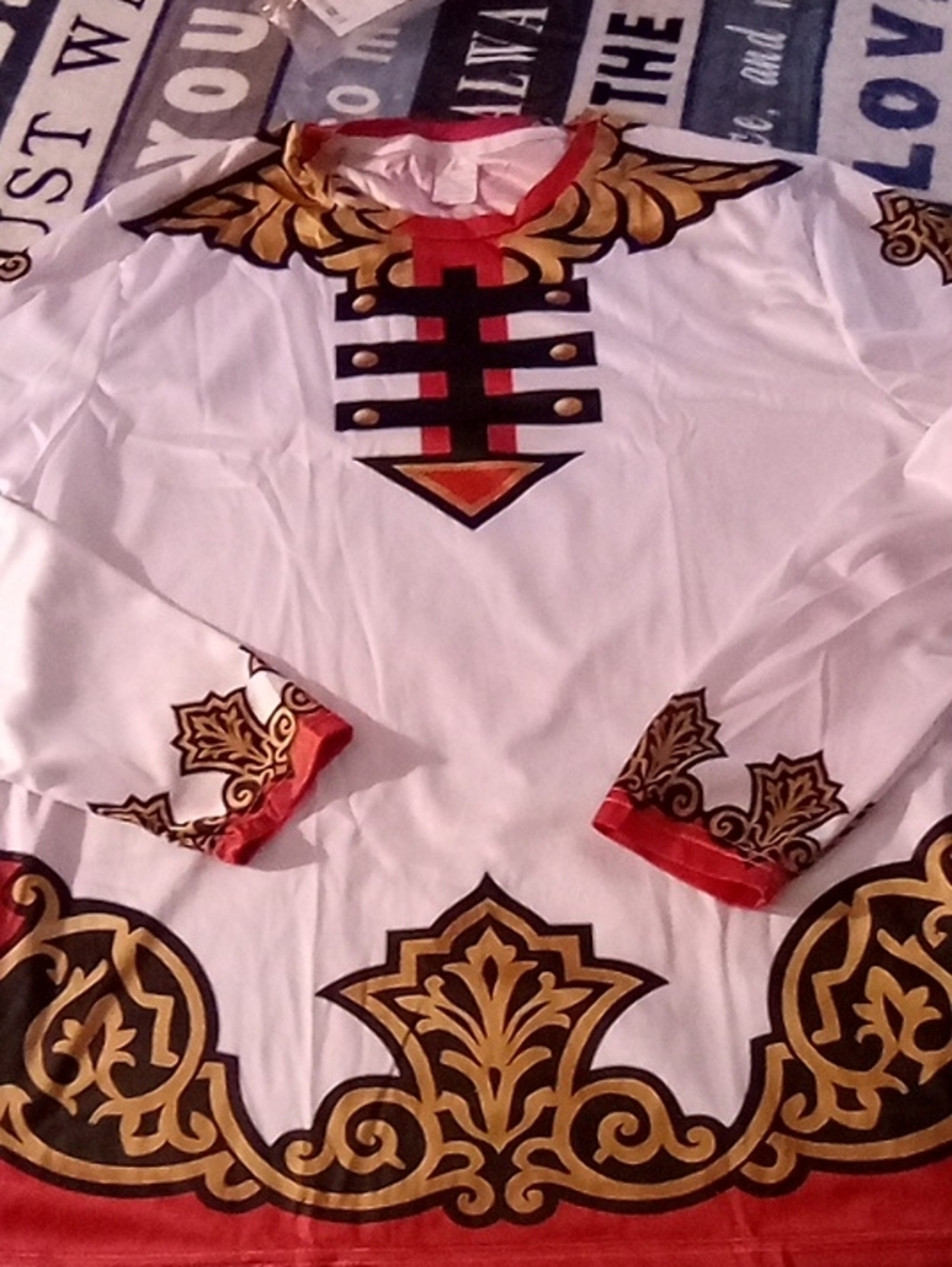 Men's White Long Sleeve Shirt with Gold Ornamental Print